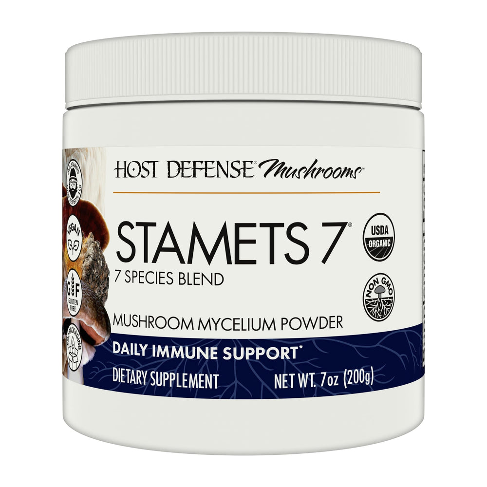 Host Defense Stamets 7 bottle-front showing seven-species blend for daily wellness support.