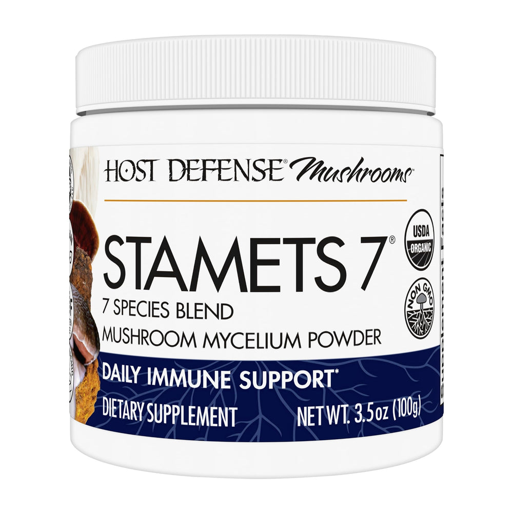 Host Defense Stamets 7 bottle front view emphasizing daily immune support.