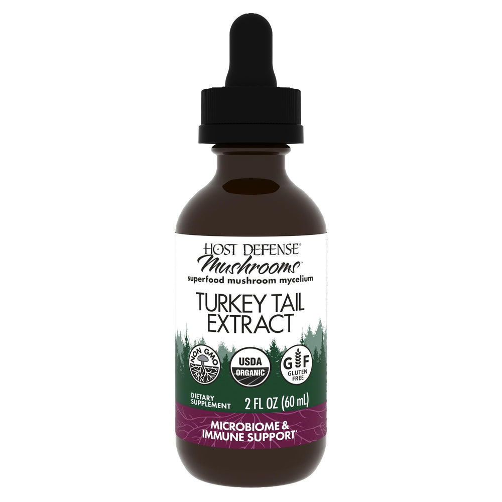 Host Defense Turkey Tail Extract bottle close-up; supports digestive balance with organic mushroom extract.