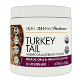 Host Defense Turkey Tail powder bottle shows premium mushroom blend for digestive health support