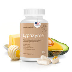 Houston Enzymes Lypazyme bottle pouring capsules supports fat digestion after meals.