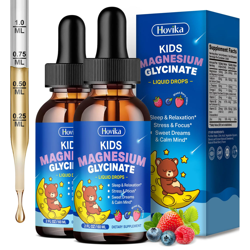 Hovika Kids Magnesium Drops bottle showing berry flavor for calm evenings