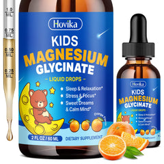 Hovika Kids Magnesium Drops bottle highlights orange flavor for calm and focus