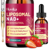 Hovika liposomal NAD drops bottle with strawberry flavor signals energy support.