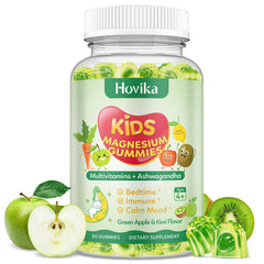 Hovika magnesium gummies for kids on the bottle label, easy nightly calm.