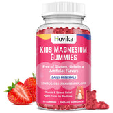 Hovika Kids Magnesium Gummies strawberry bottle on shelf, inviting taste for daily use.