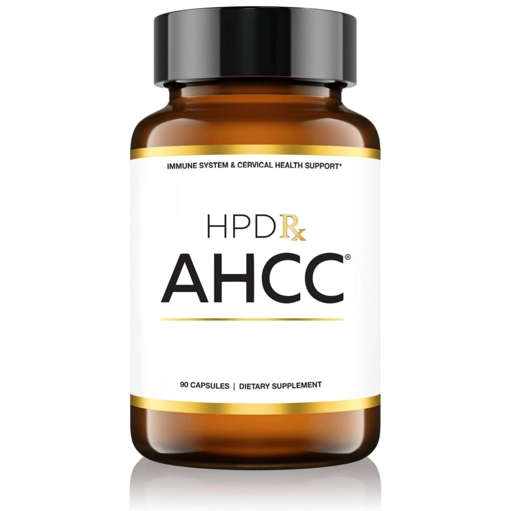 HPD Rx Premium AHCC shiitake bottle showing 1100 mg dose for immune support