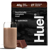 Huel Black Edition chocolate 40g powder tub for quick high-protein vegan meals.
