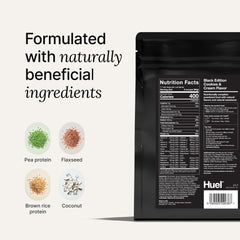 Huel Black Edition scoop in a measuring cup demonstrates portion control for meals.