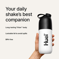 Huel Black Edition shaker bottle with durable Tritan body and sleek finish.