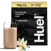 Huel Black Edition vanilla bottle showing 40g protein for a complete vegan meal.