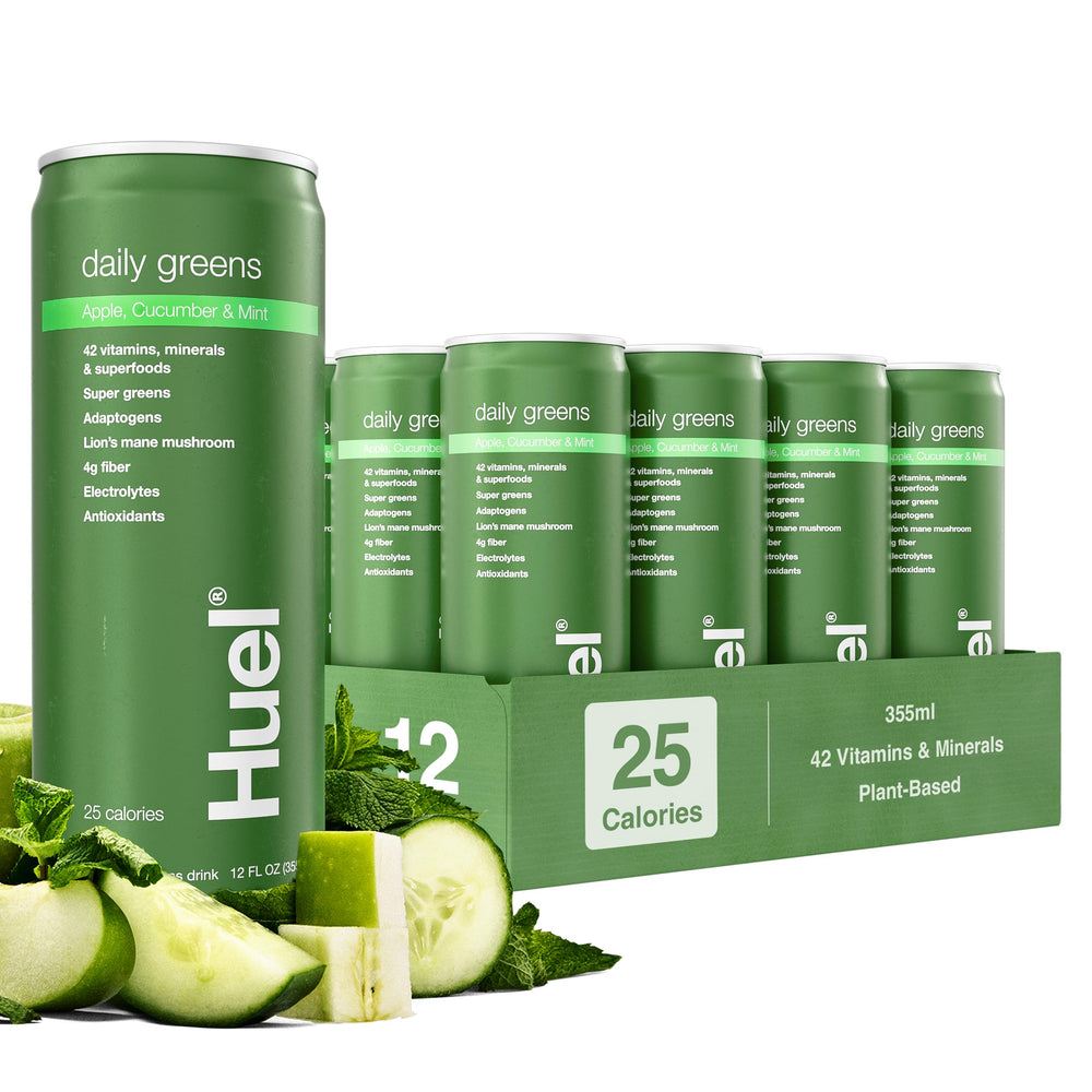 Huel Daily Greens bottle with apple-cucumber-mint flavor for a refreshing morning boost.