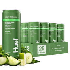 Huel Daily Greens bottle with apple-cucumber-mint flavor for a refreshing morning boost.