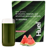 Huel Daily Greens Watermelon tub closeup highlighting 91 ingredients for daily nutrition