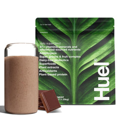 Huel Daily Superblend Chocolate powder bottle shows convenient plant-based nutrition for busy mornings