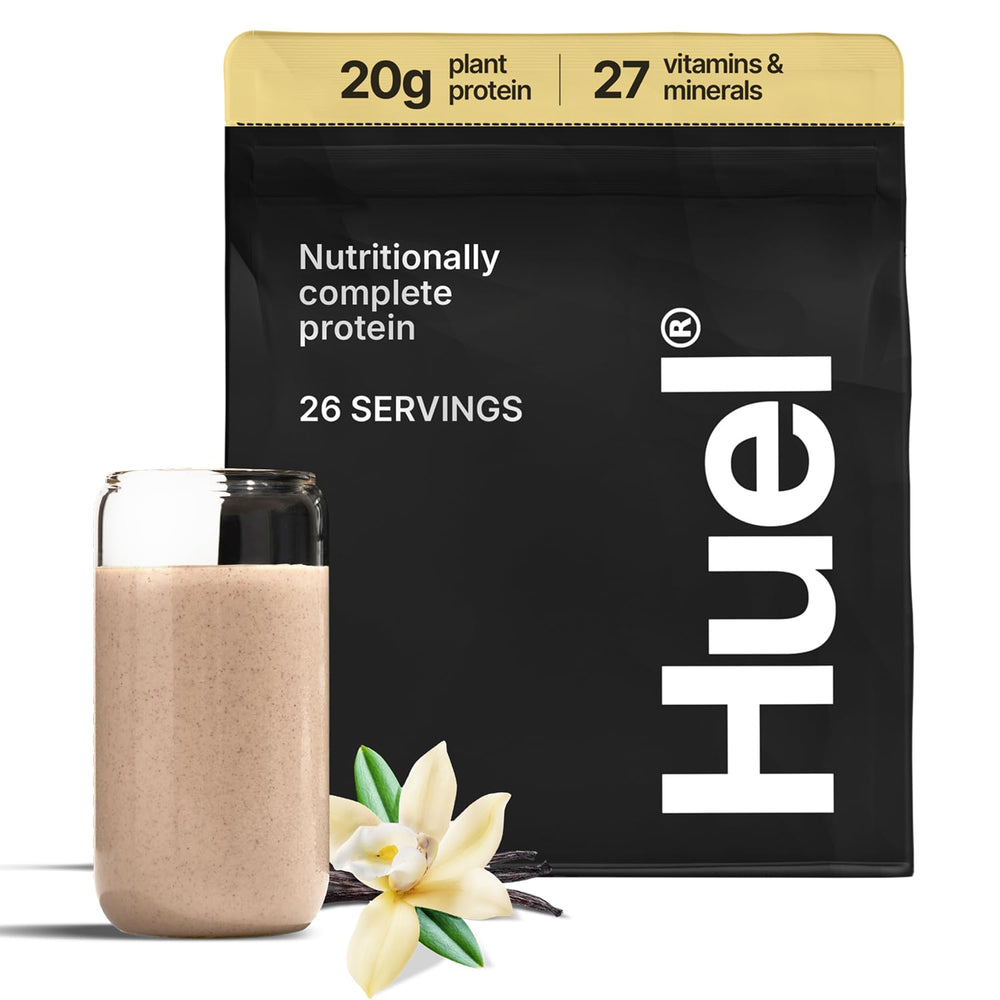 Huel Vanilla protein powder bottle displaying complete plant-based nutrition for daily workouts.