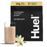 Huel Vanilla protein powder bottle displaying complete plant-based nutrition for daily workouts.