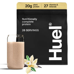 Huel Vanilla protein powder bottle displaying complete plant-based nutrition for daily workouts.