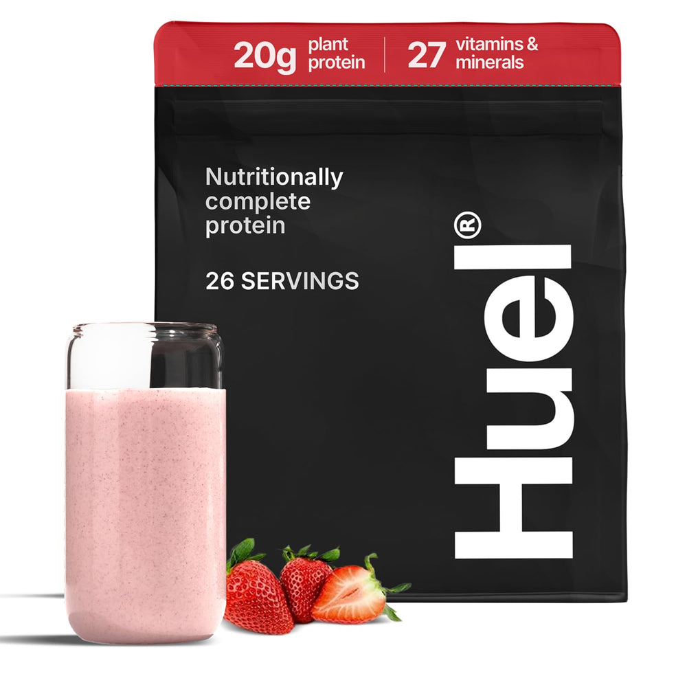 Huel vegan protein powder strawberry tub shows complete plant protein for daily nutrition.