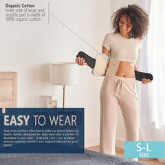HUFL Castor Oil Pack Wrap shows two sizes for a personalized, snug fit during routines.