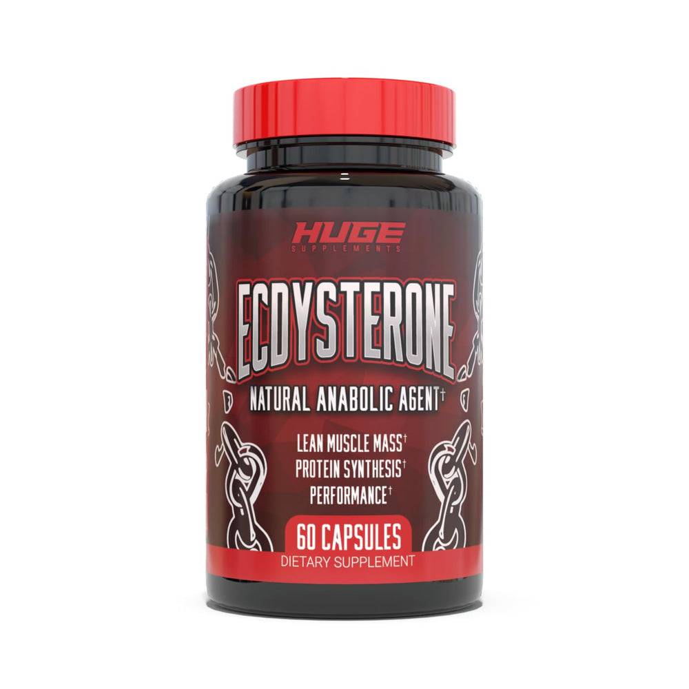 Huge Supplements Ecdysterone bottle showing 98% purity for natural muscle support.