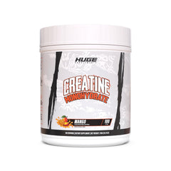 Huge Supplements flavored creatine mango bottle showing easy mixability and premium purity.