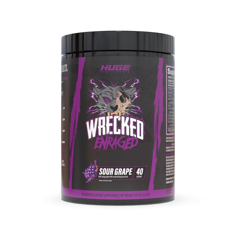 Huge Supplements Wrecked Enraged canister front showing high-stim energy formula.