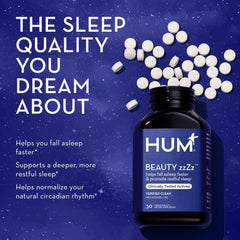 Hum Beauty zzZz melatonin packaging box emphasizes clean label and non-GMO formulation