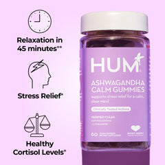 HUM Calm gummies close-up highlights berry flavor and chewable texture.