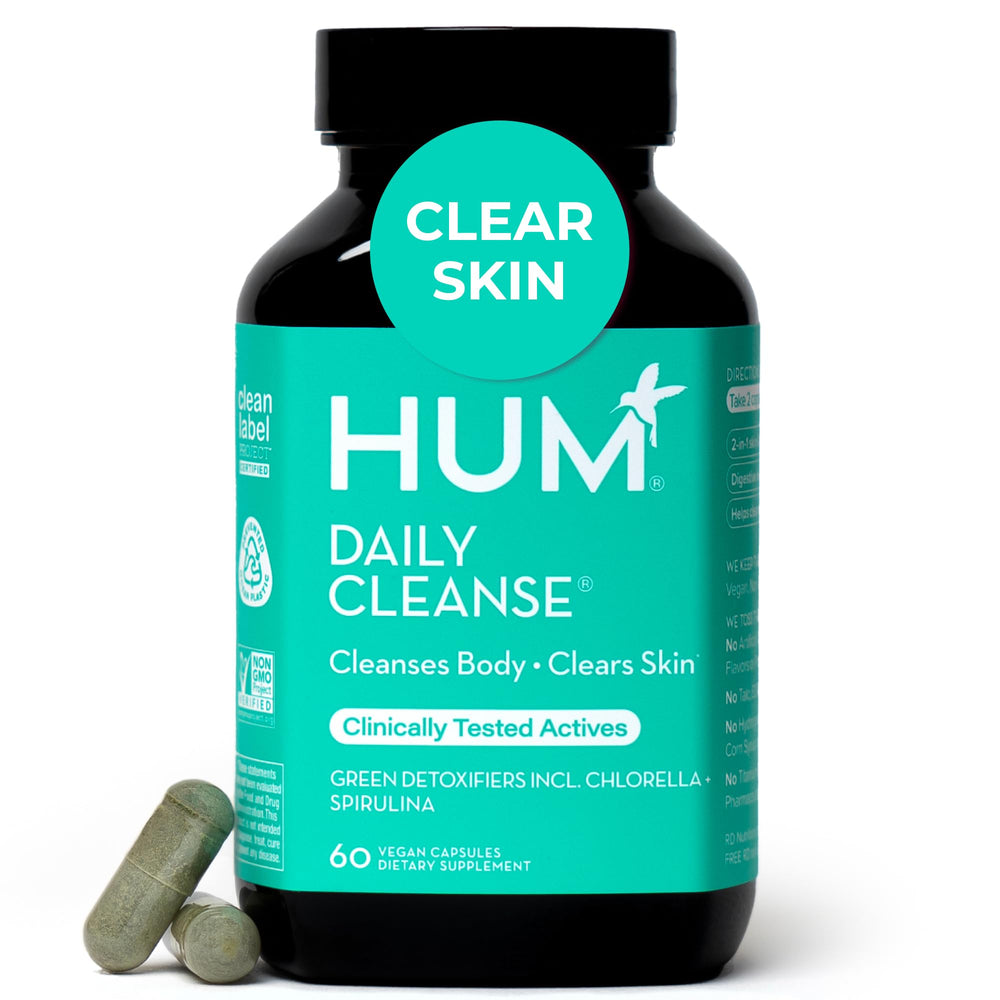 Hum Daily Cleanse acne supplements bottle for daily skin-support routine.