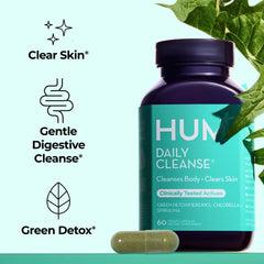 Hum Daily Cleanse capsules closeup showing plant-based nutrients for wellness.