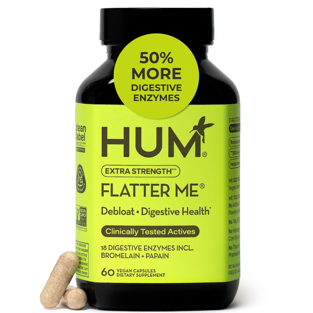 HUM Flatter Me bottle being poured for fast digestive support.