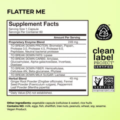 HUM Flatter Me bottle back highlights nutrients and bloating relief features.