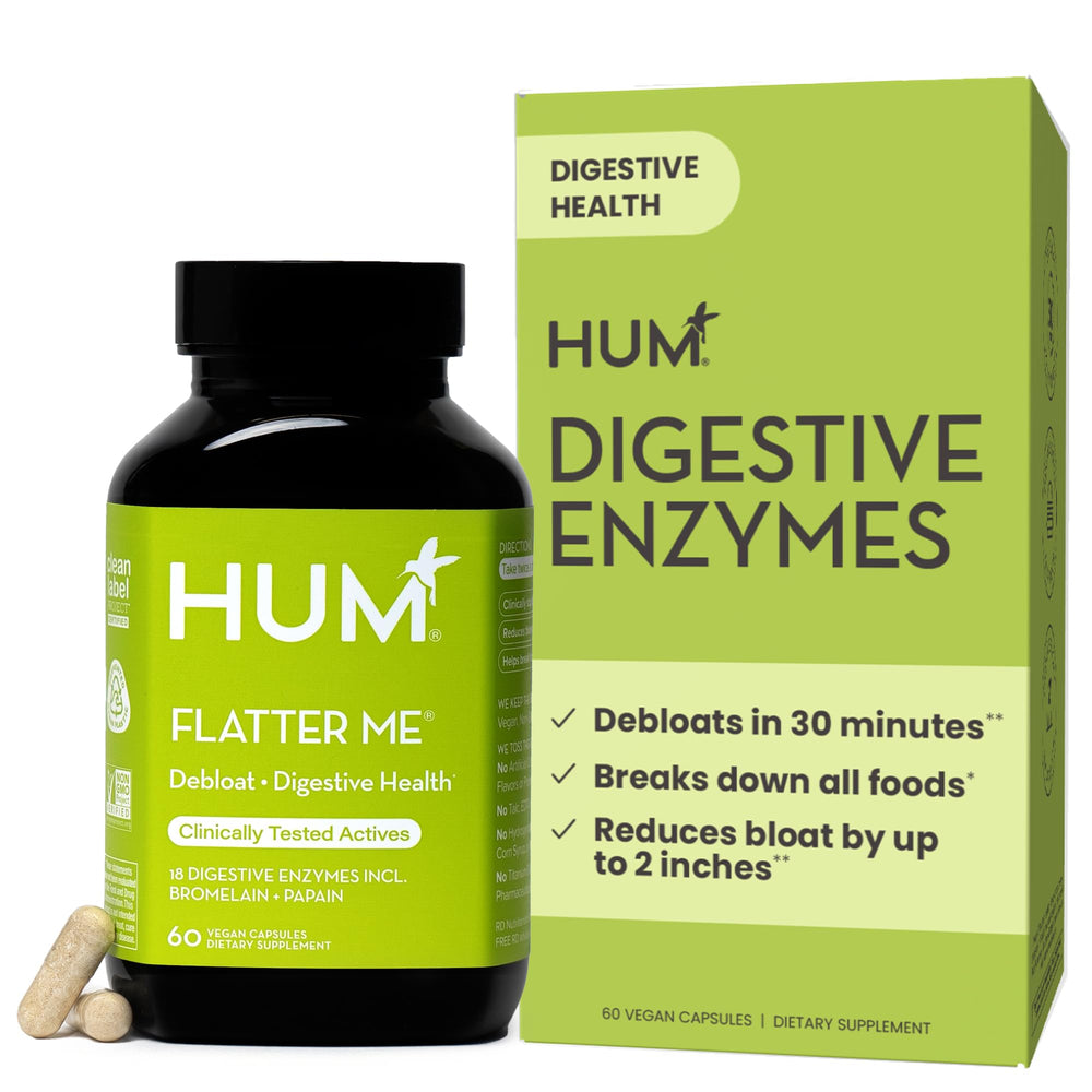 HUM Flatter Me bottle front shows quick digestive support after meals.