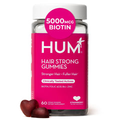Hum Hair Strong gummies bottle for daily hair support.