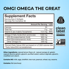 HUM OMG! Omega The Great label highlights vitamin E and skin tone support.