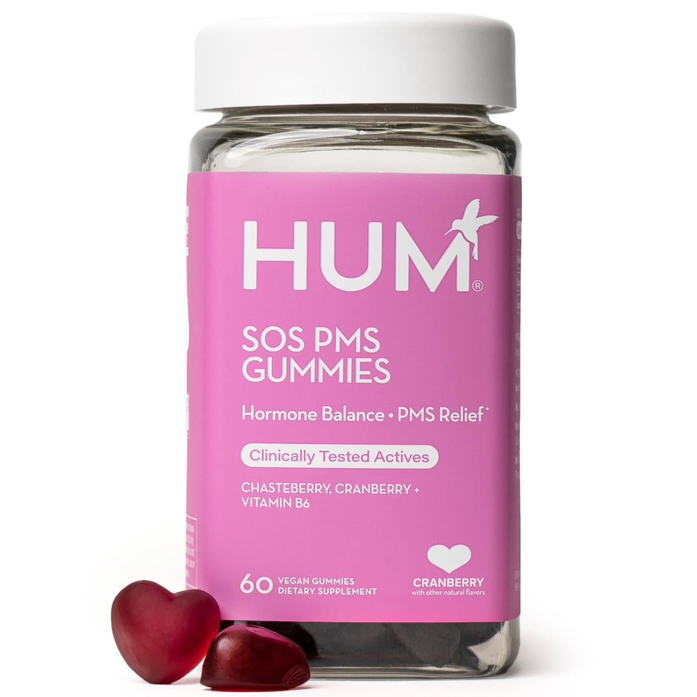 HUM SOS PMS Gummies bottle visible, offering convenient daily support for cycle comfort.