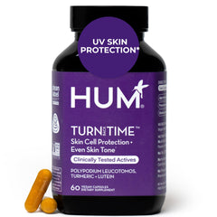 HUM Turn Back Time turmeric bottle front display with vegan capsules for skin support