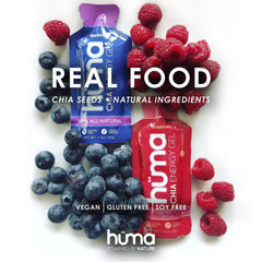 HÜMA Chia Energy Gel Chocolate caffeine dose image emphasizing caffeine-active option for workouts.