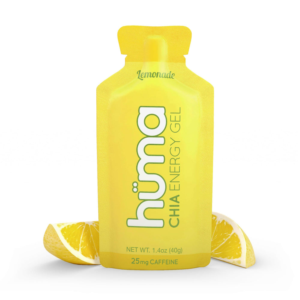 HÜMA Chia Energy Gel Lemonade pack highlighting natural ingredients for steady endurance fueling.