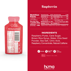 HÜMA Chia Energy Gel Raspberry packet close-up highlighting caffeine content for a pre-race boost