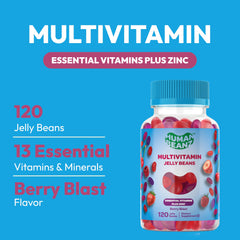 Human Beanz jelly beans closeup highlighting Berry Blast texture for easy daily intake.
