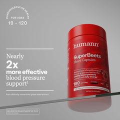 Humann SuperBeets beetroot powder close-up from non-GMO American beets.