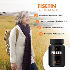 HUMANX Fisetin 500mg label view emphasizing non-GMO USA production and purity