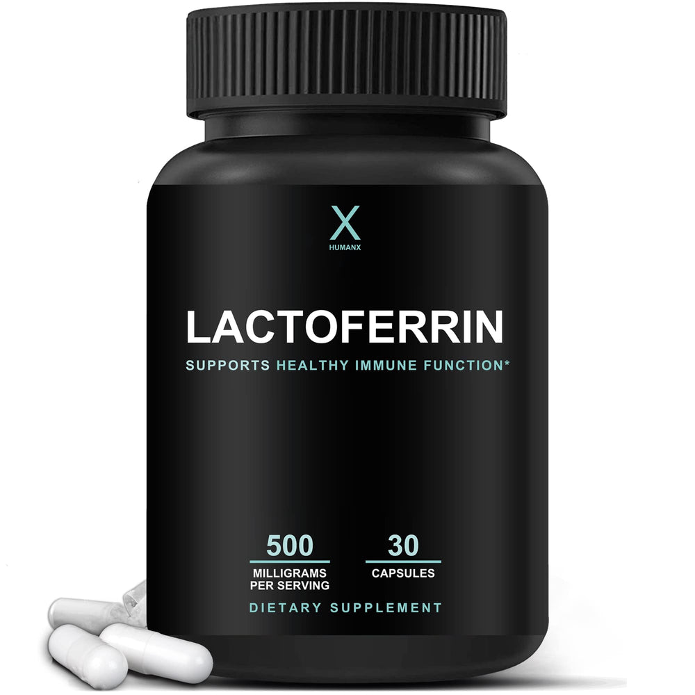 HumanX Lactoferrin 500mg bottle front view supports immune function and iron utilization.