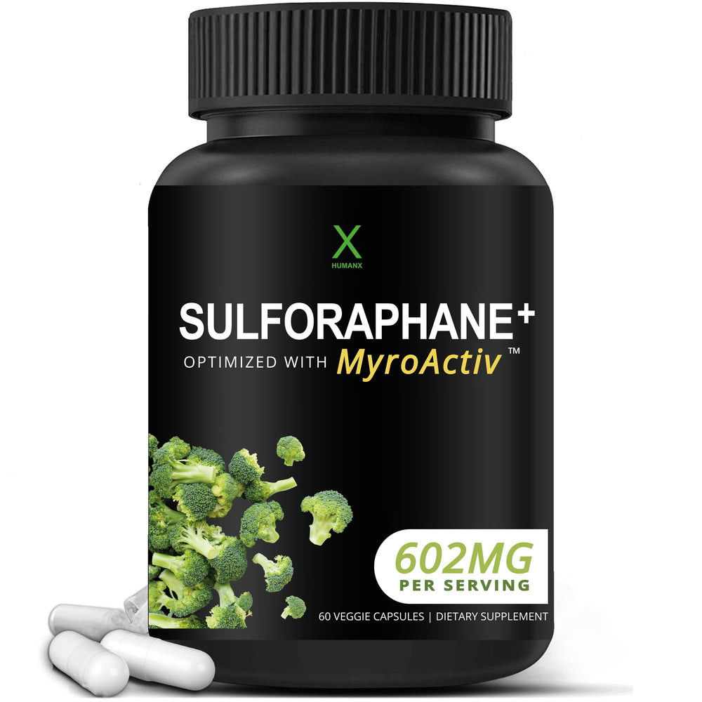 HUMANX Sulforaphane+ bottle close-up highlighting premium antioxidant support