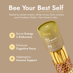 Closeup of HUNY Shilajit honey stick highlighting mineral-rich composition