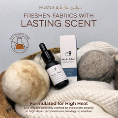 Hustle & Blush laundry fragrance oil for wool dryer balls adds gentle fragrance.