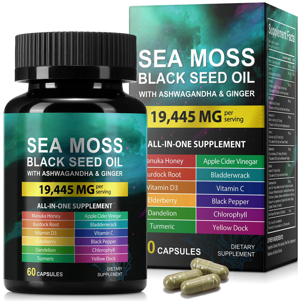 HUYEHF Sea Moss Black Seed Oil Capsule bottle shows immune support and daily energy.