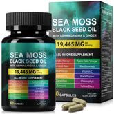 HUYEHF Sea Moss Black Seed Oil Capsule bottle shows immune support and daily energy.